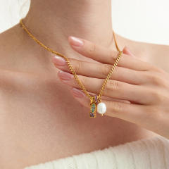 Dainty colorful cubic zircon pearl pendant stainless steel necklace