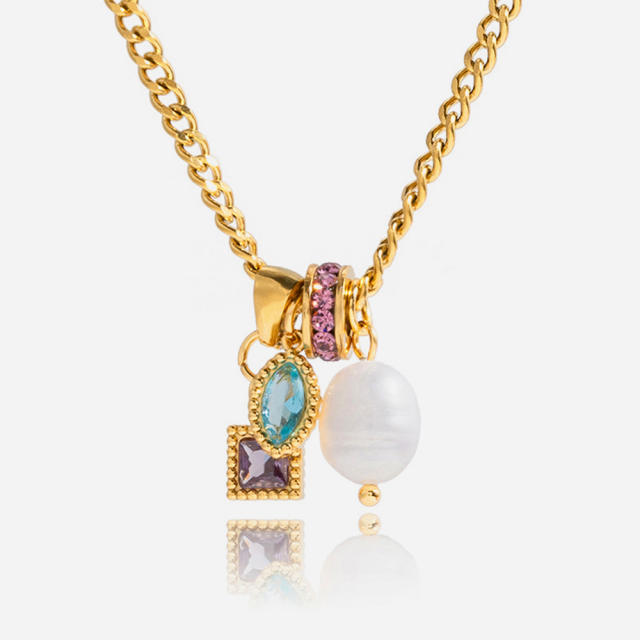 Dainty colorful cubic zircon pearl pendant stainless steel necklace