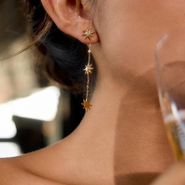 18KG diamond smile face star dangle earrings stainless steel long earrings