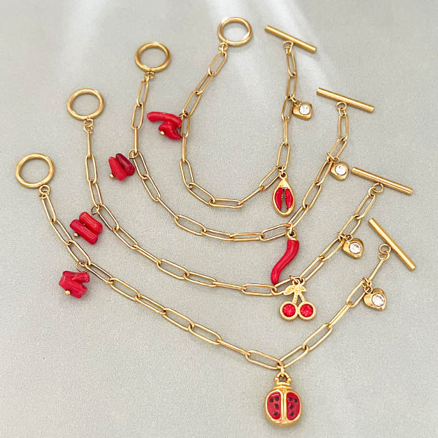 18KG red color enamel charm stainless steel bracelet toggle bracelet