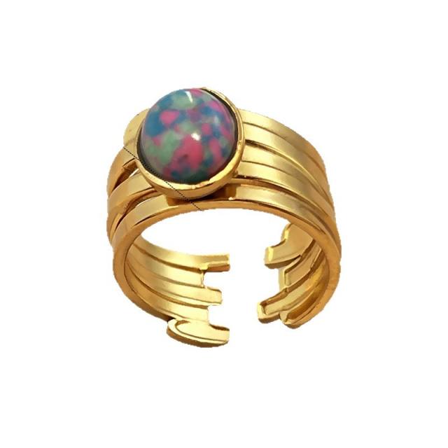 Vintage coloful natural stone statement stainless steel rings
