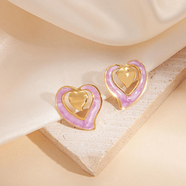 Sweet hollow out heart color enamel stainless steel studs earrings