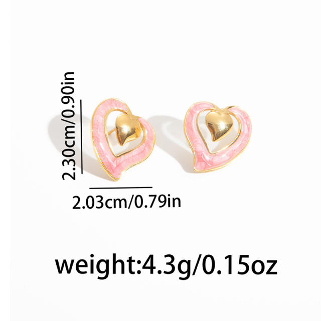 Sweet hollow out heart color enamel stainless steel studs earrings