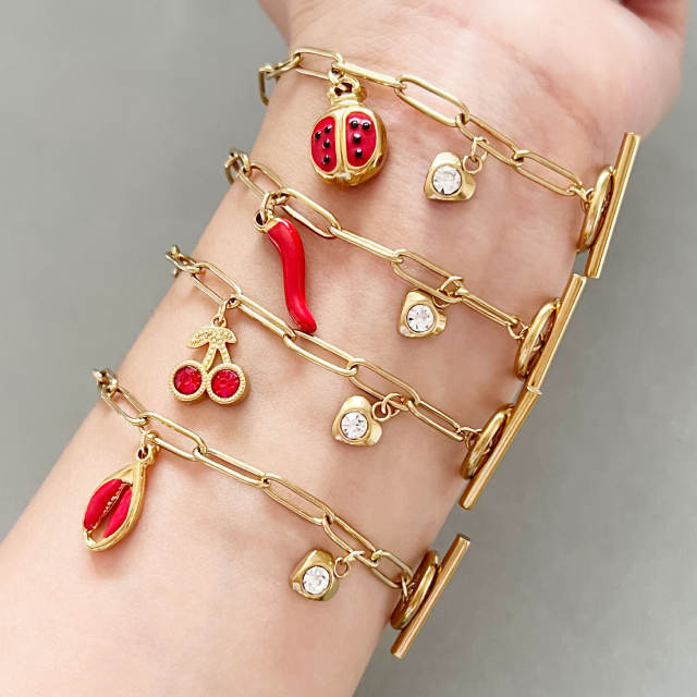 18KG red color enamel charm stainless steel bracelet toggle bracelet
