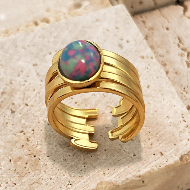 Vintage coloful natural stone statement stainless steel rings