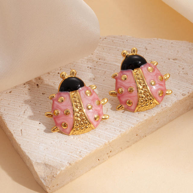 Cute color enamel ladybug stainless steel studs earrings