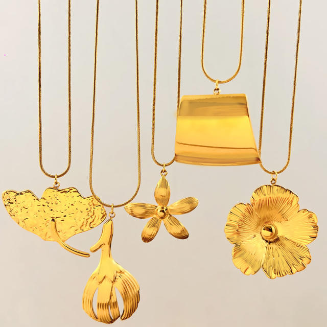 Gold color geometric pendant flower petal pendant stainless steel necklace