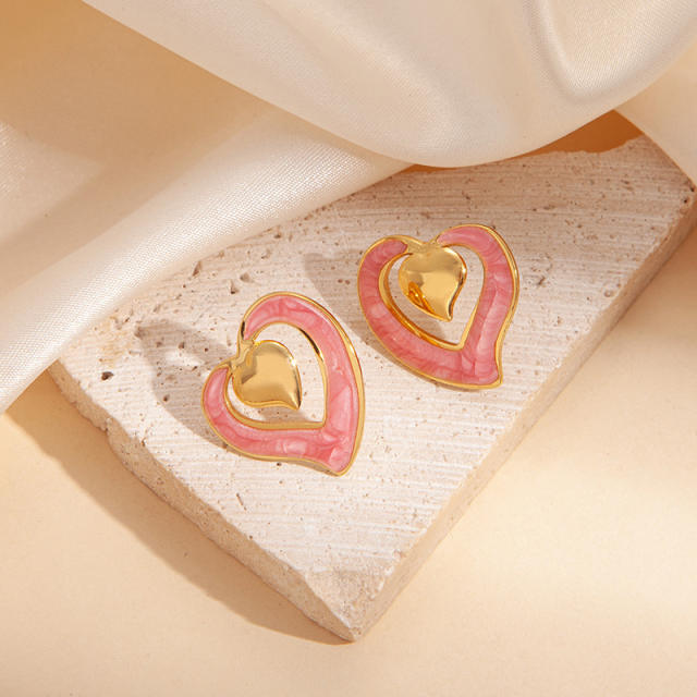 Sweet hollow out heart color enamel stainless steel studs earrings