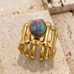 Vintage coloful natural stone statement stainless steel rings