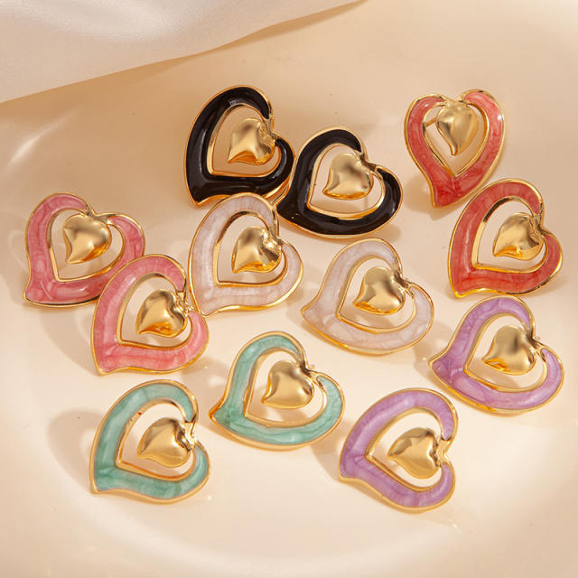 Sweet hollow out heart color enamel stainless steel studs earrings