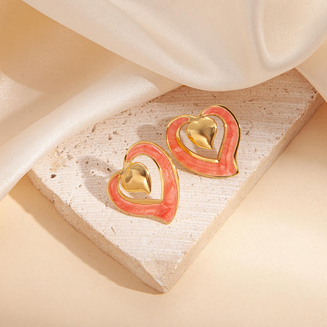 Sweet hollow out heart color enamel stainless steel studs earrings