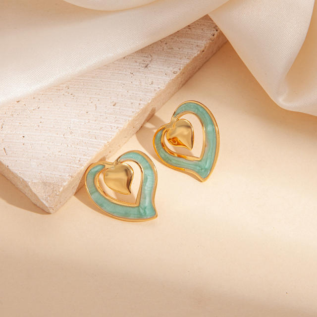 Sweet hollow out heart color enamel stainless steel studs earrings