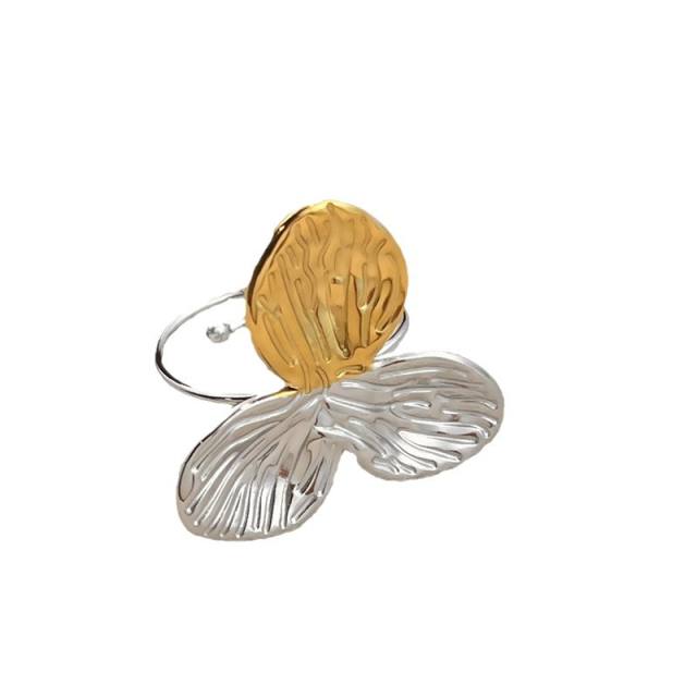 Unique two tone flower petal geometric stainless steel rings