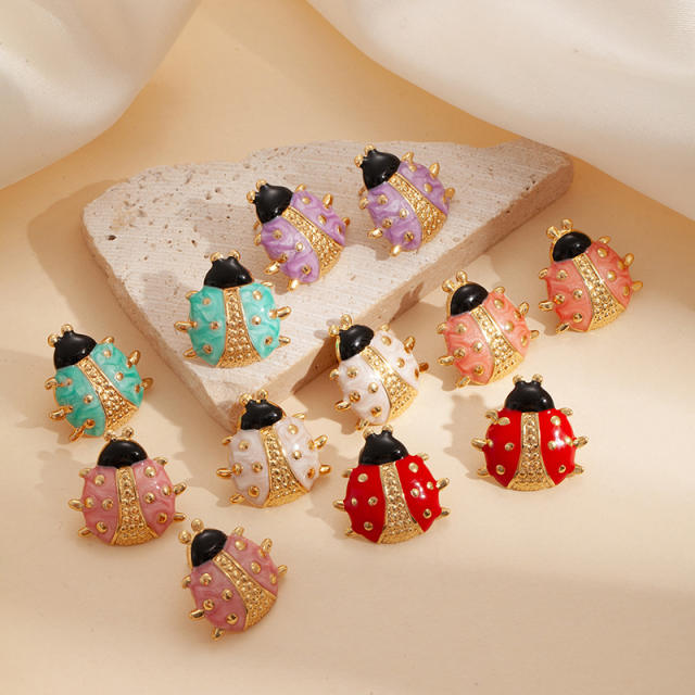 Cute color enamel ladybug stainless steel studs earrings