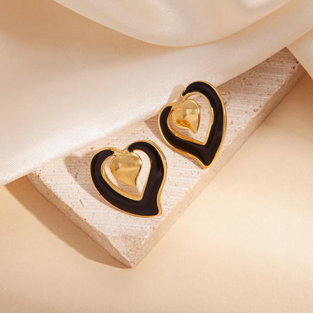 Sweet hollow out heart color enamel stainless steel studs earrings