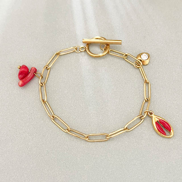 18KG red color enamel charm stainless steel bracelet toggle bracelet