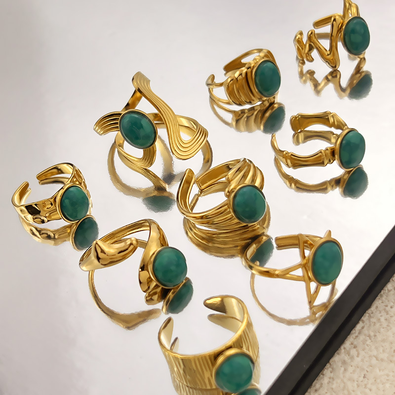 Vintage green color natural stone statement stainless steel rings ...