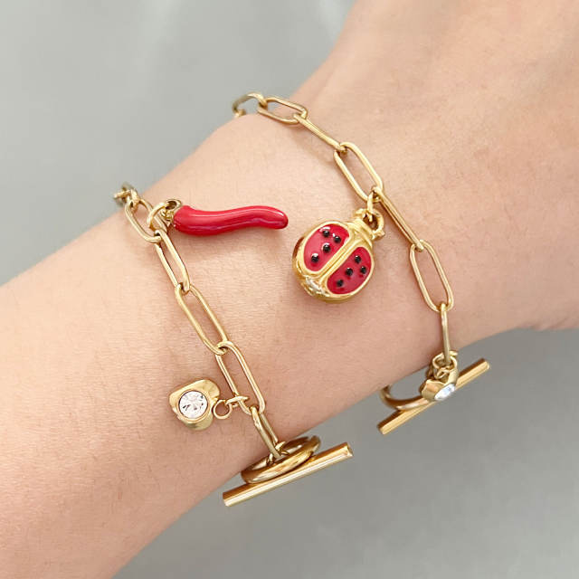 18KG red color enamel charm stainless steel bracelet toggle bracelet