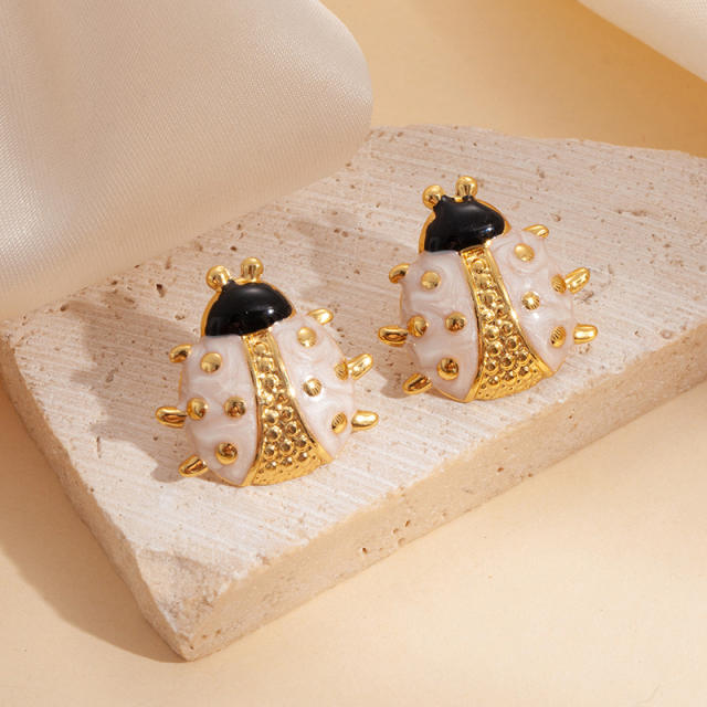 Cute color enamel ladybug stainless steel studs earrings