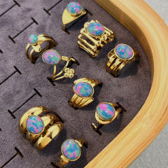 Vintage coloful natural stone statement stainless steel rings