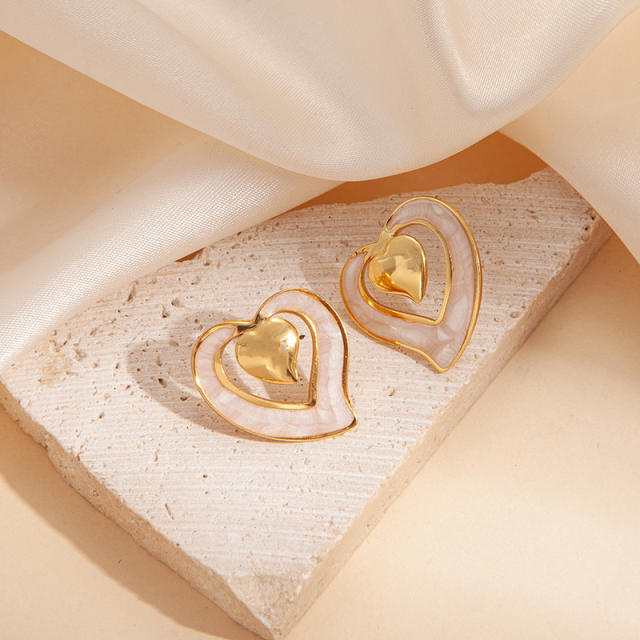Sweet hollow out heart color enamel stainless steel studs earrings