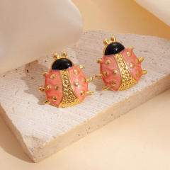Cute color enamel ladybug stainless steel studs earrings