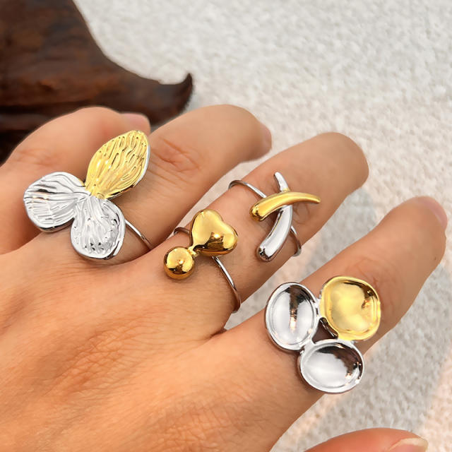 Unique two tone flower petal geometric stainless steel rings