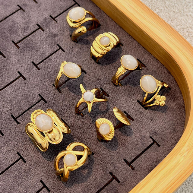 Natural stone statement stainless steel rings