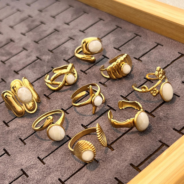 Natural stone statement stainless steel rings