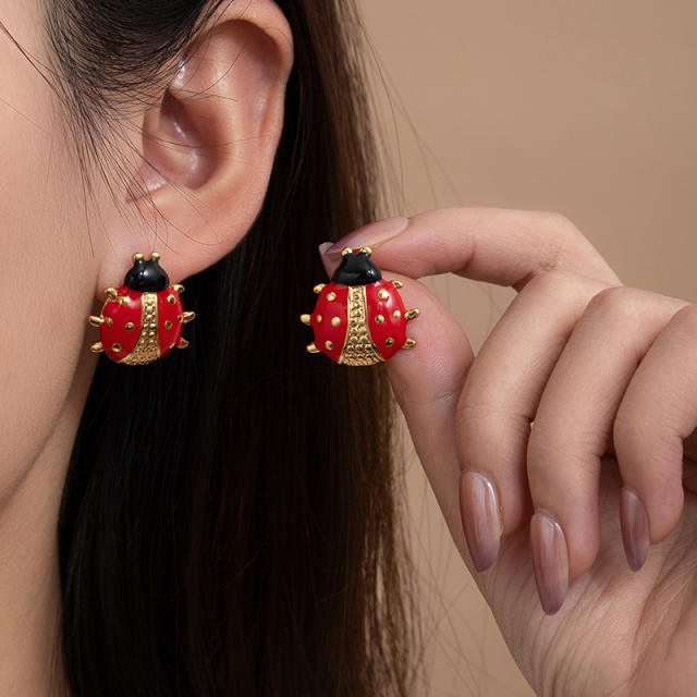Cute color enamel ladybug stainless steel studs earrings