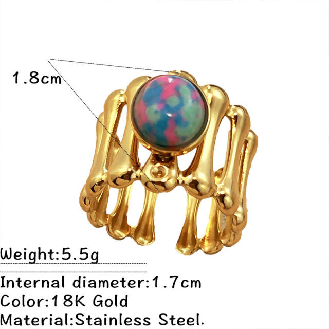 Vintage coloful natural stone statement stainless steel rings