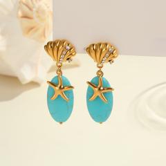 Holiday turquoise stone stainless steel shell dangle earrings