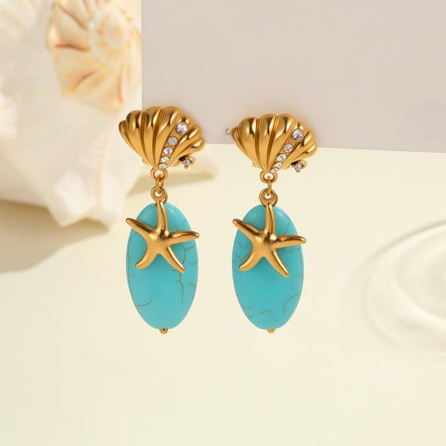 Holiday turquoise stone stainless steel shell dangle earrings