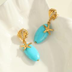 Holiday turquoise stone stainless steel shell dangle earrings