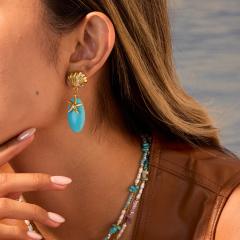 Holiday turquoise stone stainless steel shell dangle earrings