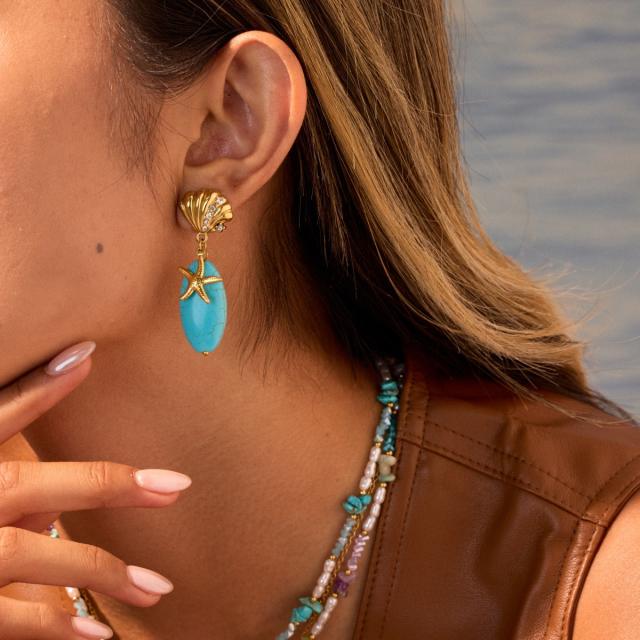 Holiday turquoise stone stainless steel shell dangle earrings