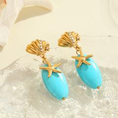 Holiday turquoise stone stainless steel shell dangle earrings