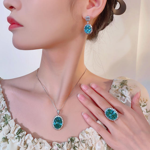 Luxury green color crystal statement copper necklace earrings rings set
