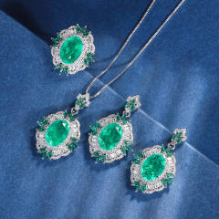 Gold-Plated Copper Base Simulated Emerald Green Set necklace earrings rings set