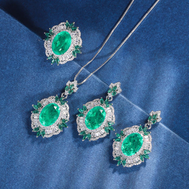 Gold-Plated Copper Base Simulated Emerald Green Set necklace earrings rings set