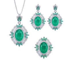 Gold-Plated Copper Base Simulated Emerald Green Set necklace earrings rings set