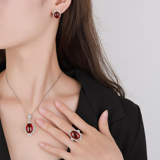 Copper Gold-plated Ice-seed Fluorescence Simulation Red Corundum necklace earrings rings set