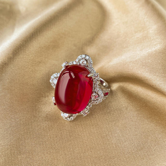 Copper Gold-plated Ice-seed Fluorescence Simulation Red Corundum necklace earrings rings set