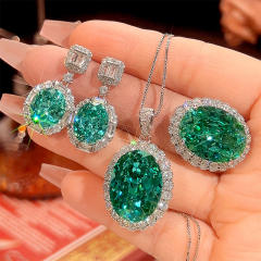 Luxury green color crystal statement copper necklace earrings rings set