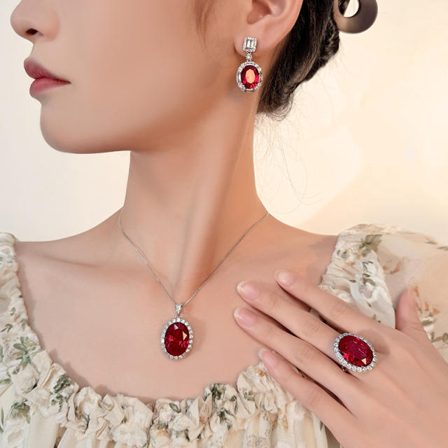 Red color crystal statement copper necklace earrings rings set