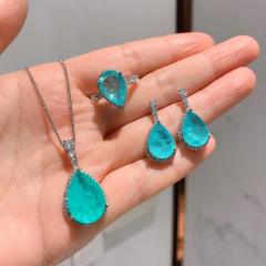 Colorful Treasure Necklace Simulation Paraiba Pendant Ring Earrings Jewelry Set