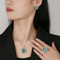 Green color crystal statement copper necklace earrings rings set