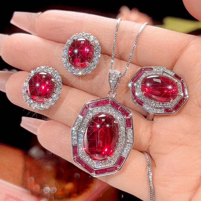 Imitation Red Corundum Retro Light Luxury necklace earrings rings set