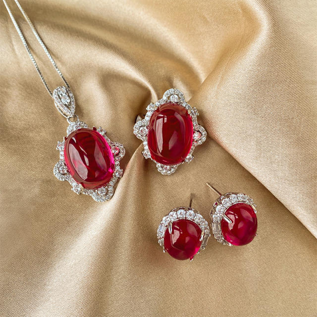 Copper Gold-plated Ice-seed Fluorescence Simulation Red Corundum necklace earrings rings set