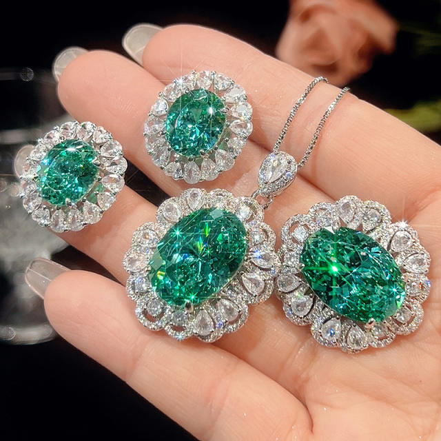 Green color crystal statement copper necklace earrings rings set